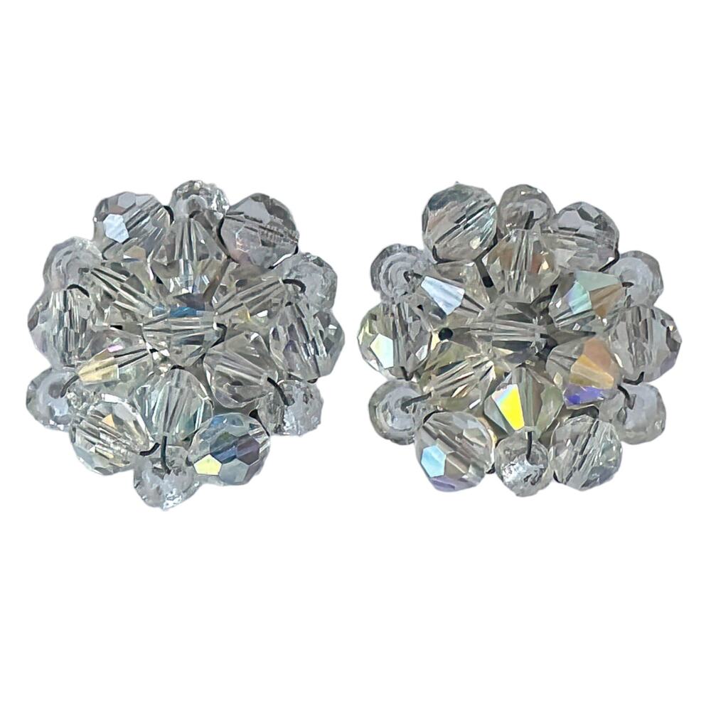 60s Signed Germany Aurora Borealis White Crystal Beaded Starburst Clip Earrings